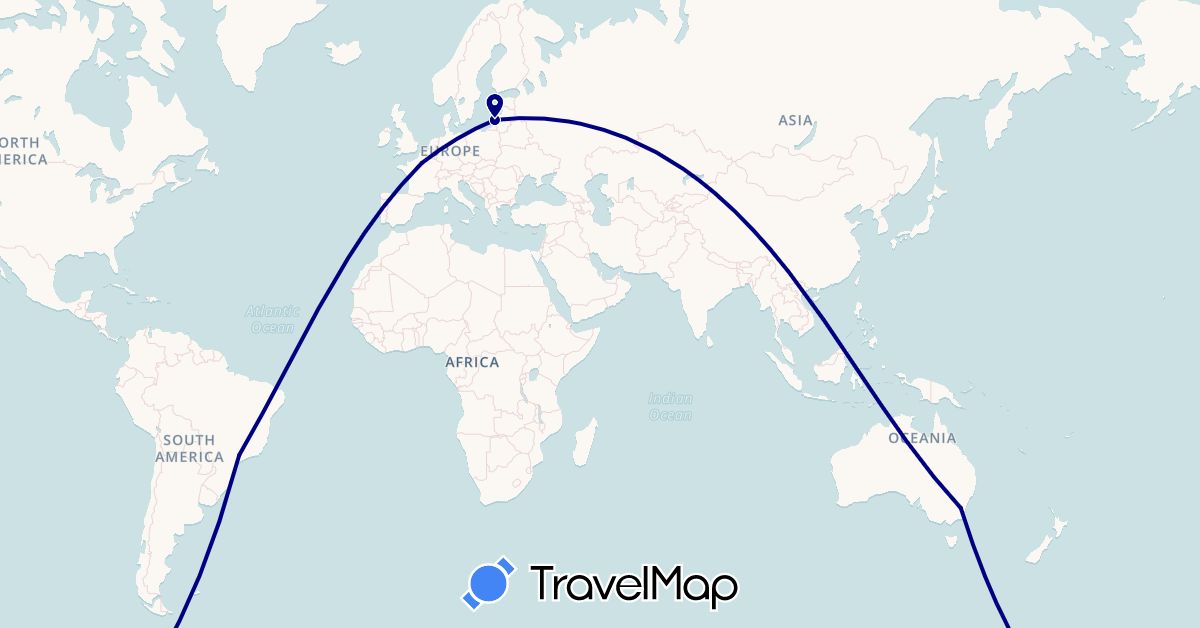 TravelMap itinerary: driving in Australia, Brazil, France, Lithuania (Europe, Oceania, South America)